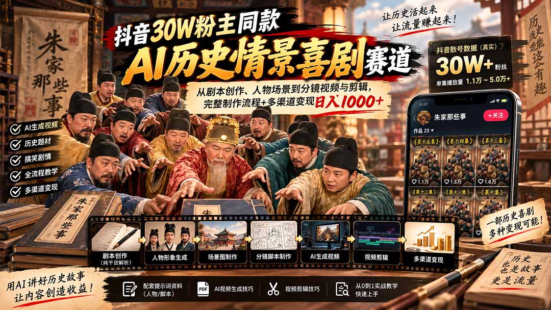 （20613期）抖音30W粉博主同款AI历史情景喜剧赛道：从剧本创作、人物场景到分镜视频与剪辑，完整制作流程+多渠道变现日入1000+-宇文网创