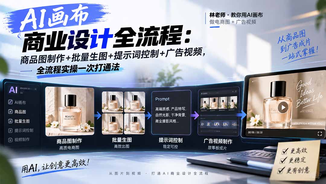 (20576期)AI画布商业设计全流程:商品图制作+批量生图+提示词控制+广告视频,全流程实操一次打通法-宇文网创
