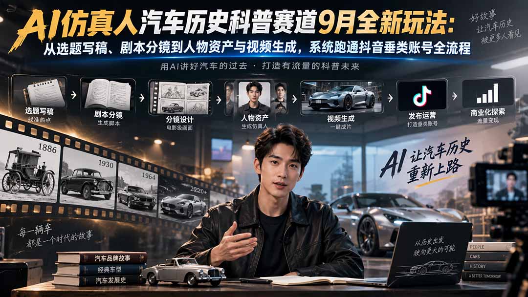 （20413期）AI仿真人汽车历史科普赛道9月全新玩法：从选题写稿、剧本分镜到人物资产与视频生成，系统跑通抖音垂类账号全流程-宇文网创