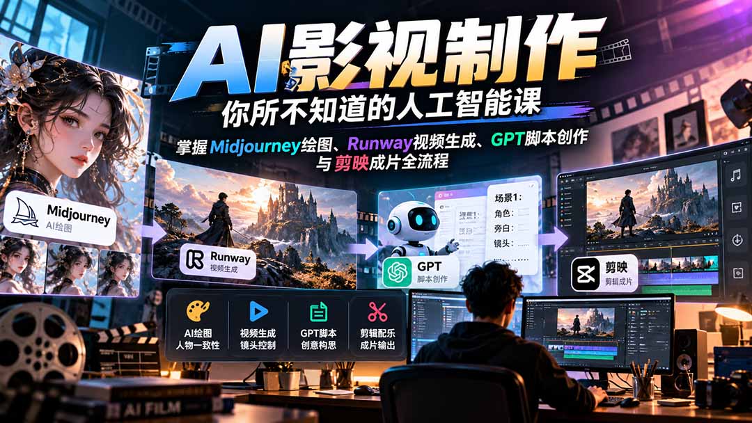 (20681期)AI影视制作-你所不知道的人工智能课,掌握Midjourney绘图、Runway视频生成、GPT脚本创作与剪映成片全流程-宇文网创