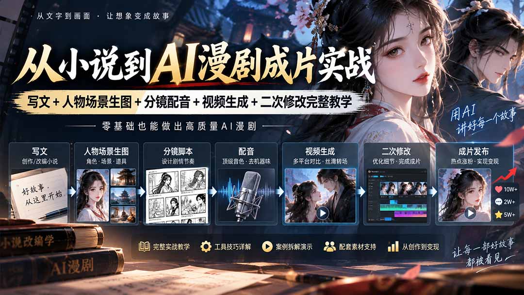 (20577期)从小说到AI漫剧成片实战:写文+人物场景生图+分镜配音+视频生成+二次修改完整教学-宇文网创