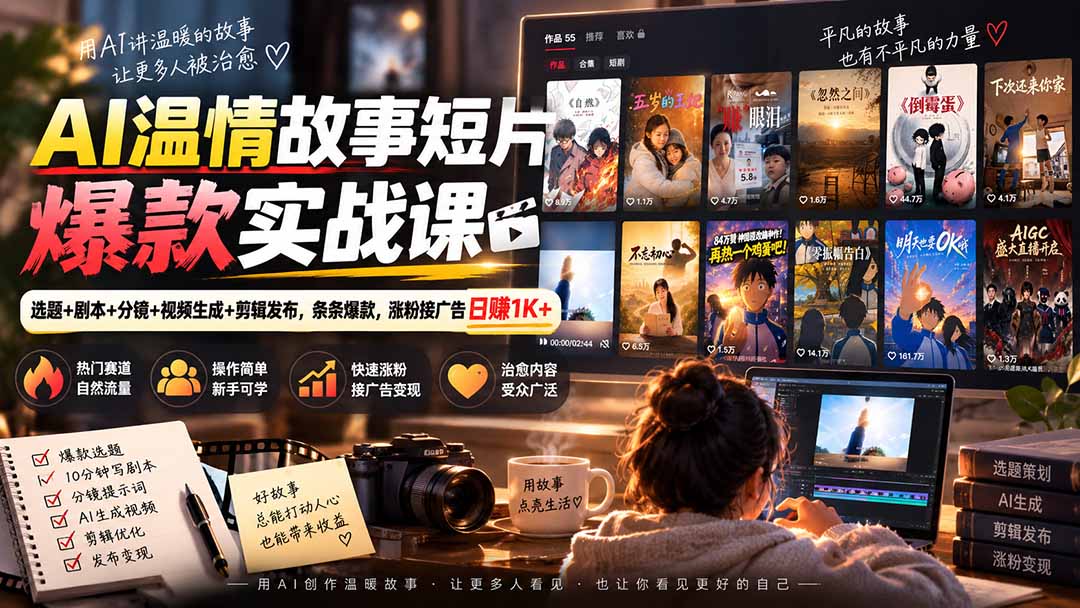 （20477期）AI温情故事短片爆款实战课-更新｜选题+剧本+分镜+视频生成+剪辑发布，条条爆款，涨粉接广告日赚1K+-宇文网创