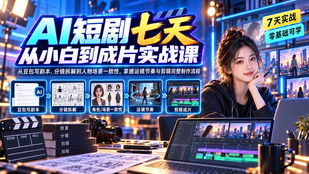 (20329期)AI短剧七天从小白到成片实战课:从豆包写剧本、分镜拆解到人物场景一致性,掌握运镜节奏与剪辑完整制作流程-宇文网创