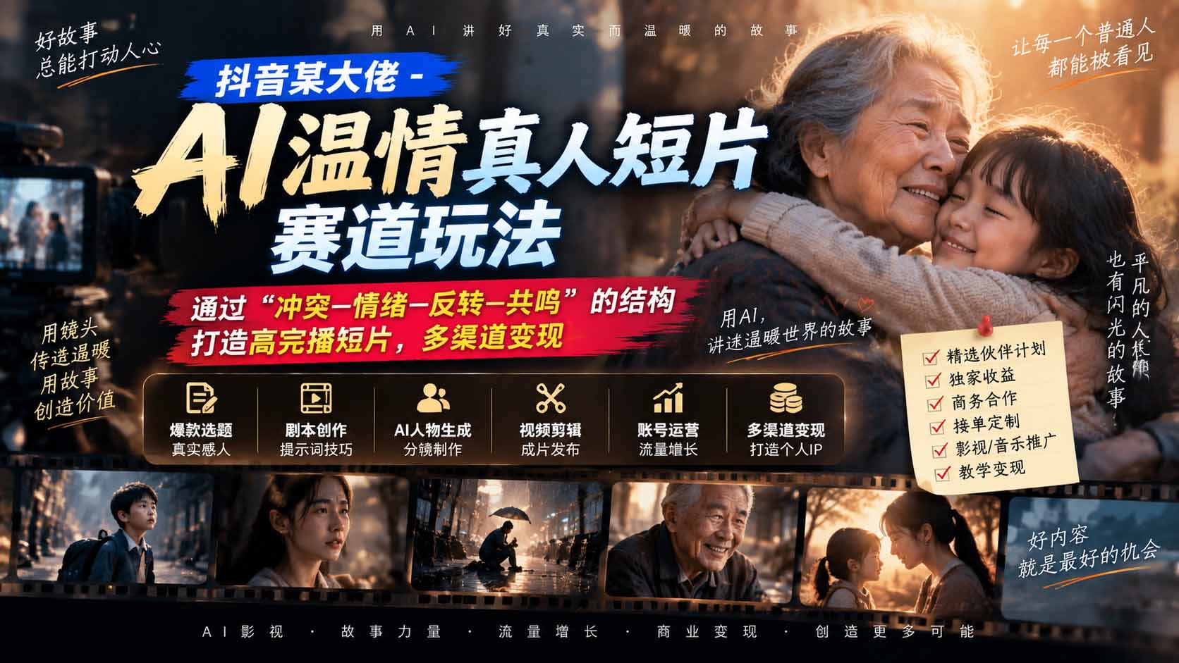 (20538期)抖音某大佬-AI温情真人短片赛道玩法:通过“冲突—情绪—反转—共鸣”的结构打造高完播短片,多渠道变现-宇文网创