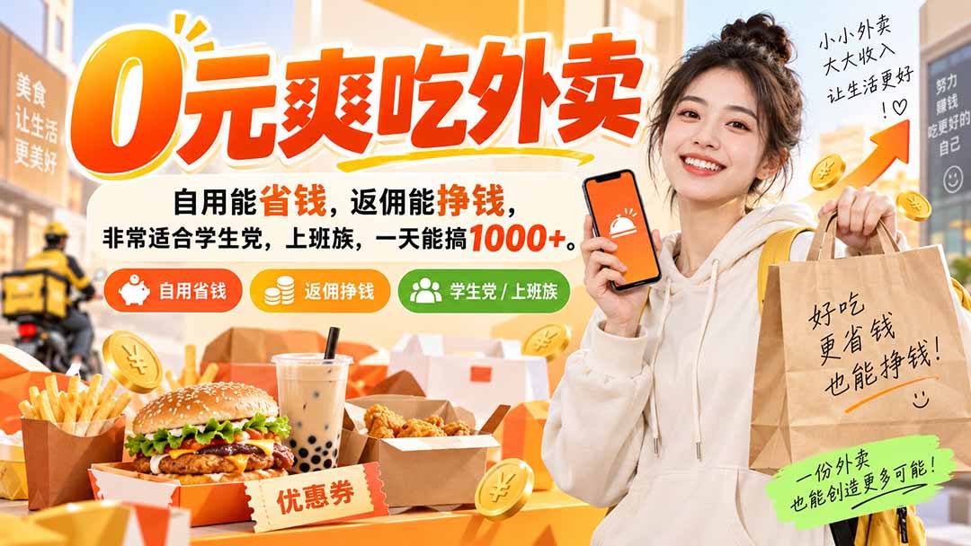 (20309期)0元爽吃外卖,自用能省钱,返佣能挣钱,非常适合学生党,上班族,一天能搞1000+-宇文网创
