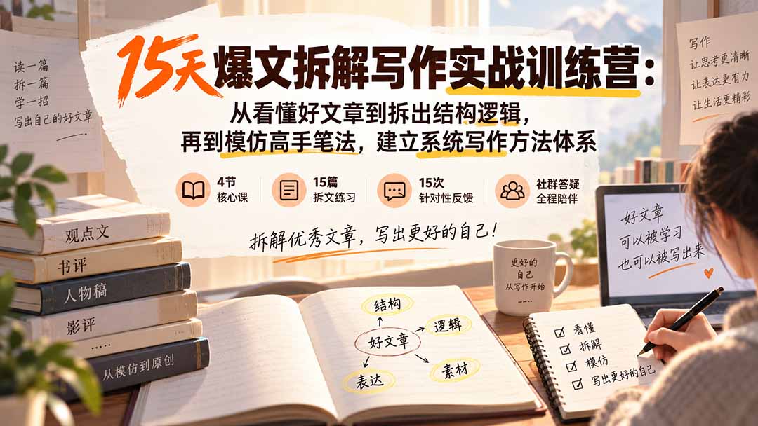 （20271期）15天爆文拆解写作实战训练营：从看懂好文章到拆出结构逻辑，再到模仿高手笔法，建立系统写作方法体系-宇文网创