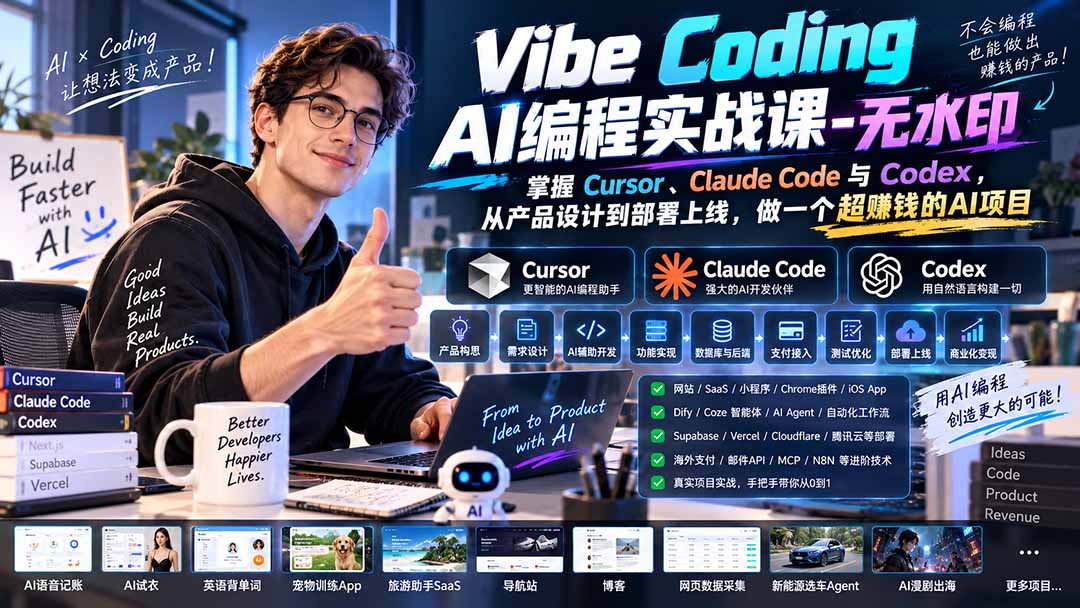 （20431期）Vibe Coding AI编程实战课-无水印：掌握Cursor、Claude Code与Codex，从产品设计到部署上线，做一个超赚钱的AI项目-宇文网创