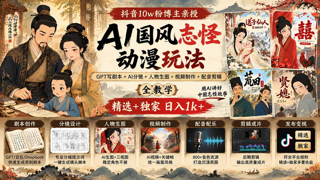 (20538期)抖音10w粉博主亲授AI国风志怪动漫玩法|GPT写剧本+AI分镜+人物生图+视频制作+配音剪辑全教学|精选+独家日入1k+-宇文网创