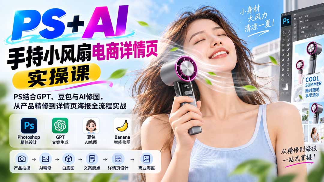 （20273期）PS+AI手持小风扇电商详情页实操课：PS结合GPT、豆包与AI修图，从产品精修到详情页海报全流程实战-宇文网创