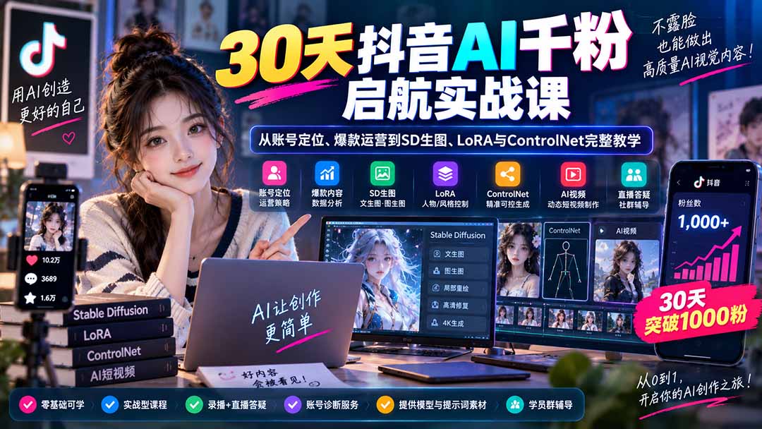 （20291期）30天抖音AI千粉启航实战课：从账号定位、爆款运营到SD生图、LoRA与ControlNet完整教学-宇文网创