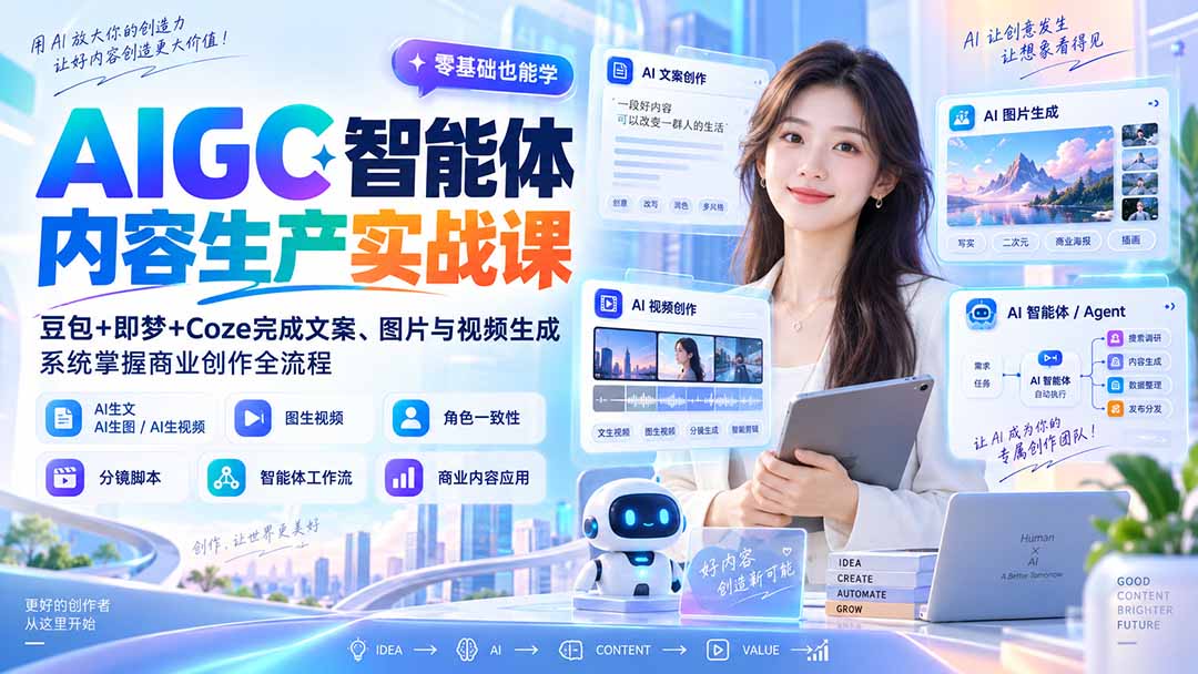 （20372期）AIGC智能体内容生产实战课：豆包+即梦+Coze完成文案、图片与视频生成，系统掌握商业创作全流程-宇文网创