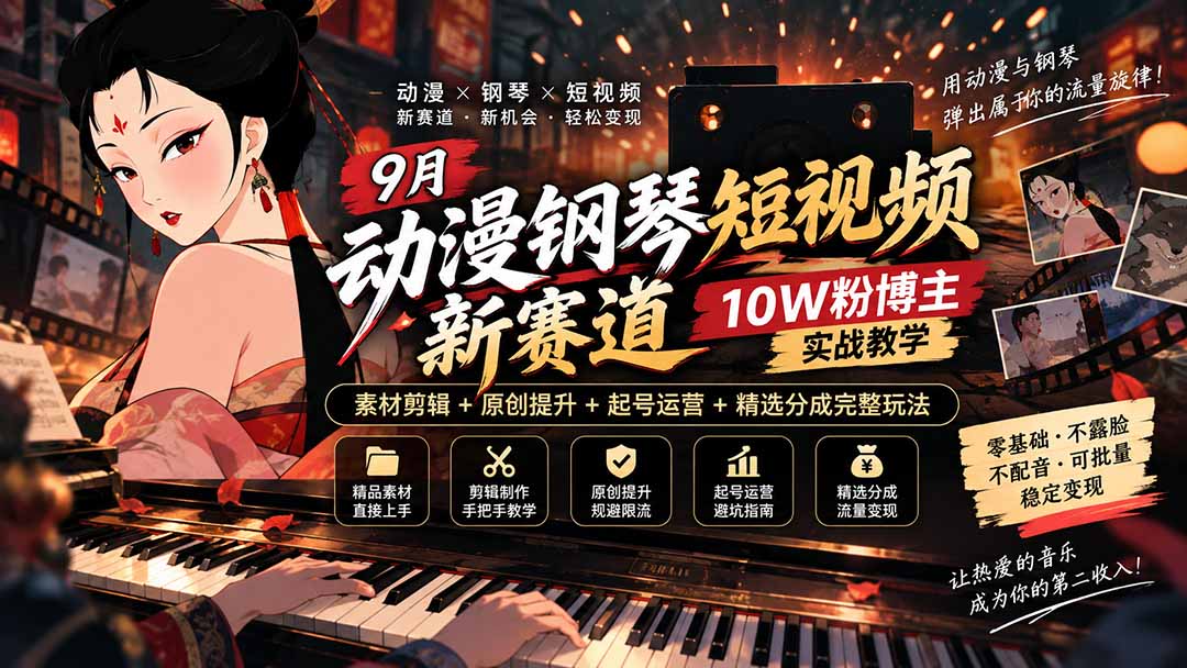 （20506期）9月动漫钢琴短视频新赛道｜10W粉博主实战教学，素材剪辑+原创提升+起号运营+精选分成完整玩法-宇文网创
