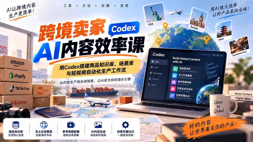 (20595期)跨境卖家AI内容效率课:用Codex搭建商品知识库、场景库与短视频自动化生产工作流-宇文网创