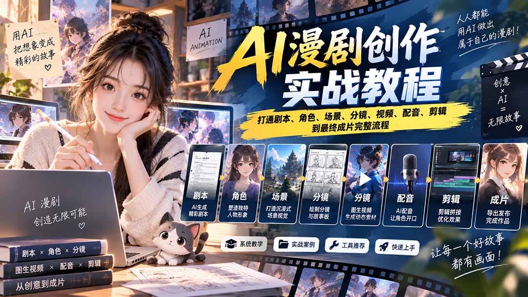 (20597期)2026 AI漫剧创作实战教程:打通剧本、角色、场景、分镜、视频、配音、剪辑到最终成片完整流程-宇文网创