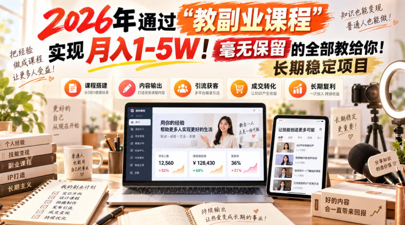 (20468期)2026年通过“教副业课程”实现月入1-5W!毫无保留的全部教给你!长期稳定项目-宇文网创