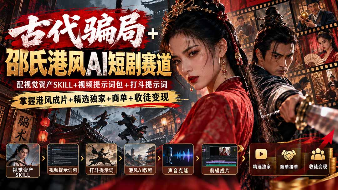 (20684期)古代骗局+邵氏港风AI短剧赛道:配视觉资产SKILL+视频提示词包+打斗提示词,掌握港风成片+精选独家+商单+收徒变现-宇文网创