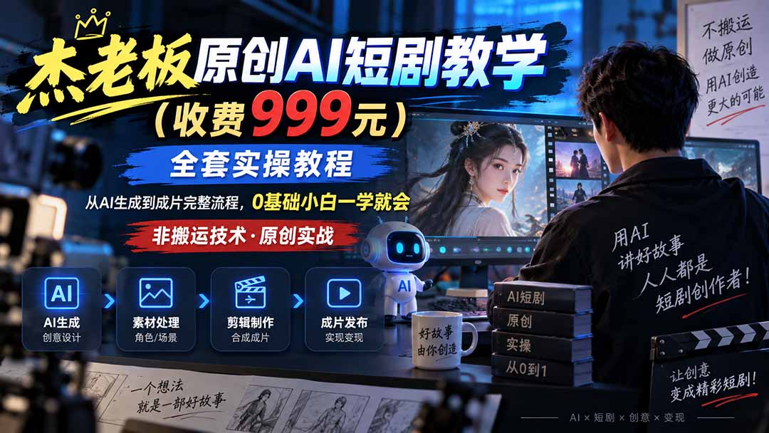 (20254期)杰老板原创AI短剧教学(收费999元),全套实操教程,0基础小白一学就会,非搬运技术-宇文网创