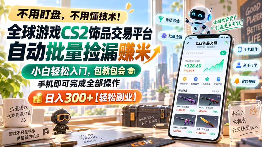 (20454期)全球游戏CS2饰品交易平台自动批量捡漏赚米,小白轻松入门,包教包会,手机即可完成全部操作,日入300+【轻松副业】-宇文网创