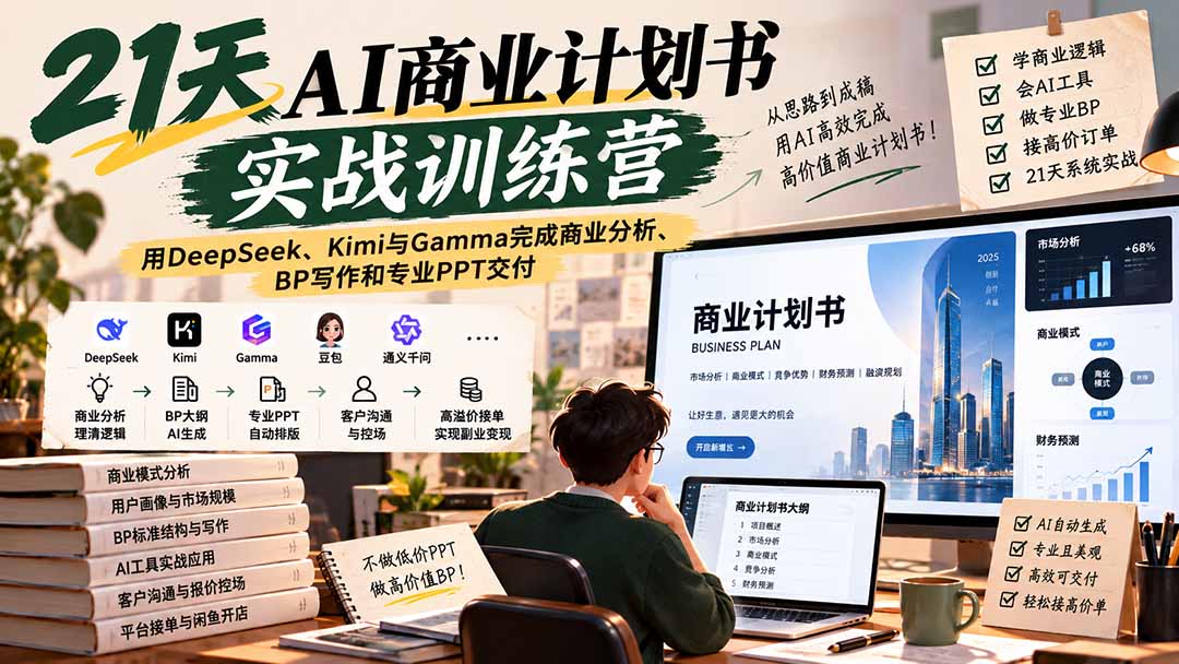 （20637期）【无水印】21天AI商业计划书实战训练营：用DeepSeek、Kimi与Gamma完成商业分析、BP写作和专业PPT交付-宇文网创