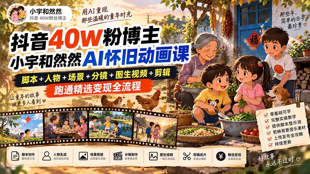 （20549期）抖音40W粉博主小宇和然然AI怀旧动画课｜脚本+人物+场景+分镜+图生视频+剪辑，跑通精选变现全流程-宇文网创