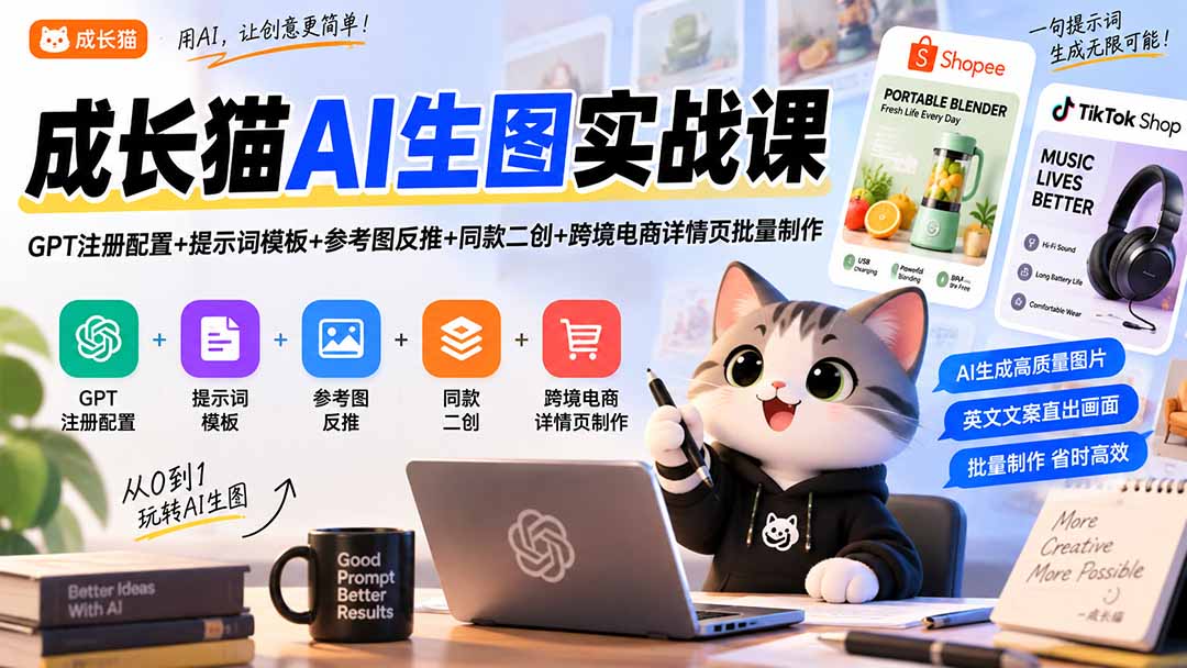 （20482期）成长猫AI生图实战课｜GPT注册配置+提示词模板+参考图反推+同款二创+跨境电商详情页批量制作-宇文网创