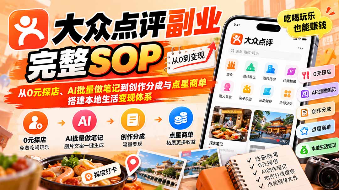 (20638期)【无水印】大众点评副业完整SOP:从0元探店、AI批量做笔记到创作分成与点星商单,搭建本地生活变现体系-宇文网创