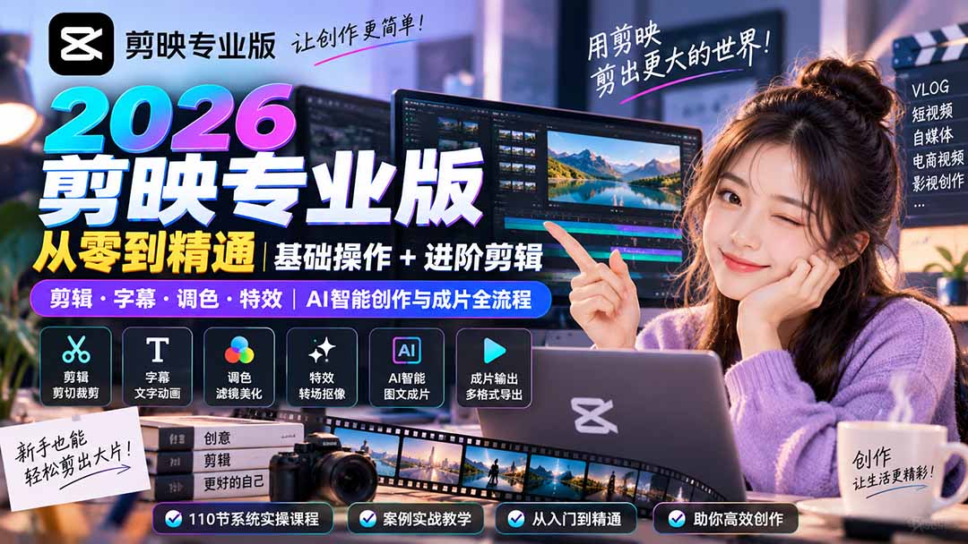 （20276期）2026剪映专业版从零到精通｜基础操作+进阶剪辑｜剪辑·字幕·调色·特效｜AI智能创作与成片全流程-宇文网创