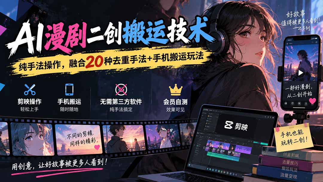 (20551期)AI漫剧二创搬运技术,纯手法操作,融合20种去重手法++手机搬运玩法-宇文网创
