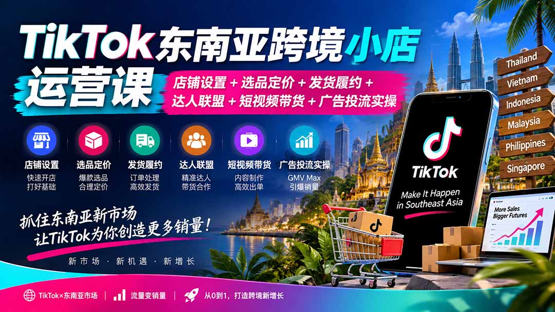 （20483期）TikTok东南亚跨境小店运营课：店铺设置+选品定价+发货履约+达人联盟+短视频带货+广告投流实操-宇文网创