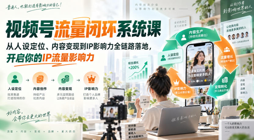 视频号流量闭环系统课,从人设定位、内容变现到IP影响力全链路落地,开启你的IP流量影响力-宇文网创
