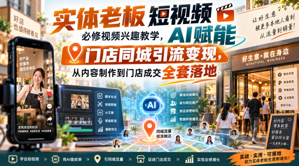 实体老板短视频必修视频兴趣教学，AI赋能门店同城引流变现，AI+短视频+直播打爆实体客流量-宇文网创