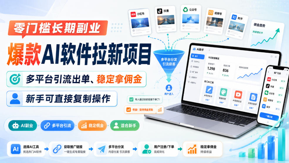 零门槛长期副业，爆款AI软件拉新项目，多平台引流出单、稳定拿佣金，新手可直接复制操作-宇文网创