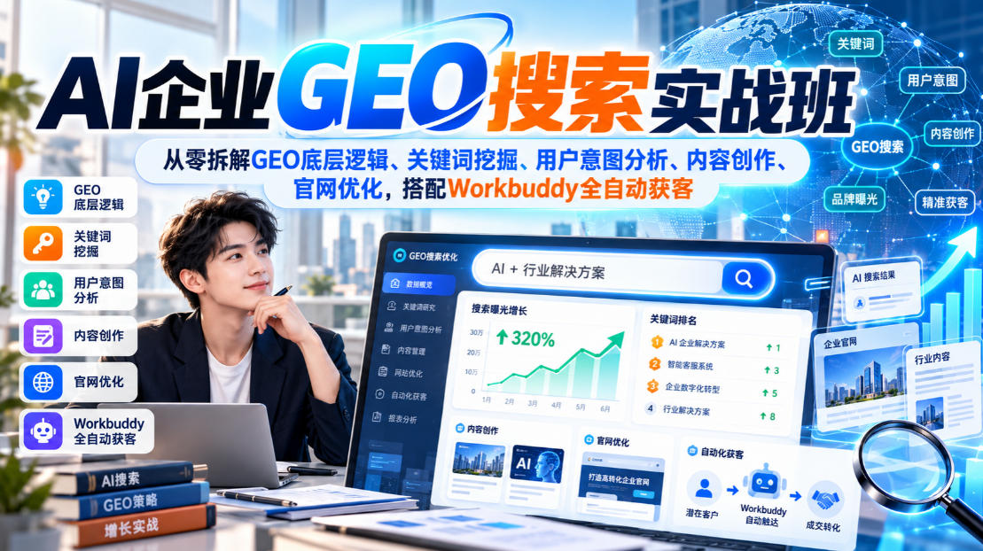AI企业GEO搜索实战班，从零拆解GEO底层逻辑、关键词挖掘、用户意图分析、内容创作、官网优化，搭配Workbuddy全自动获客-宇文网创