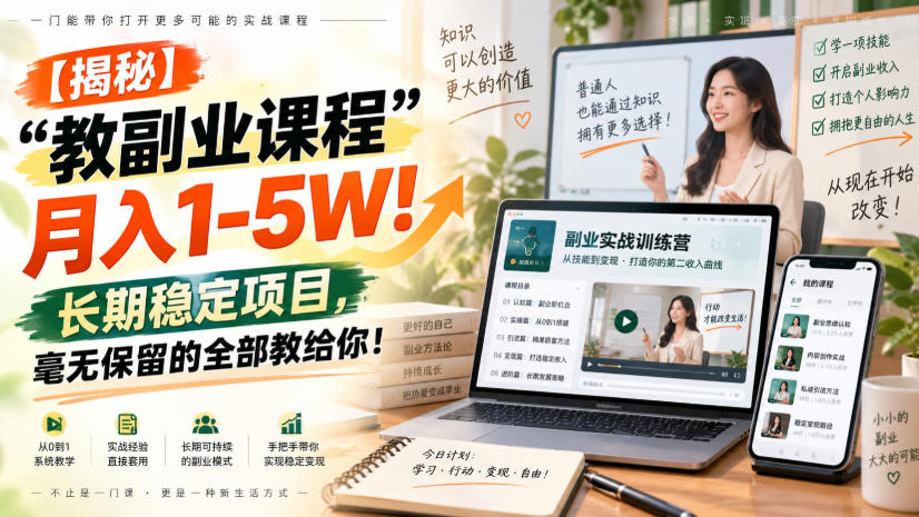 【揭秘】“教副业课程”月入1-5W!长期稳定项目,毫无保留的全部教给你!-宇文网创