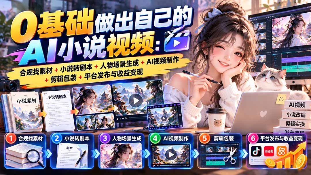 (20741期)0基础做出自己的AI小说视频:合规找素材+小说转剧本+人物场景生成+AI视频制作+剪辑包装+平台发布与收益变现-宇文网创