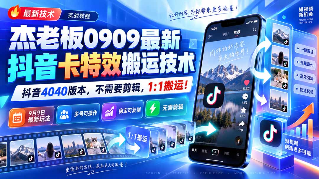 （20369期）杰老板0909最新抖音卡特效搬运技术，抖音4040版本，不需要剪辑，1:1搬运！-宇文网创