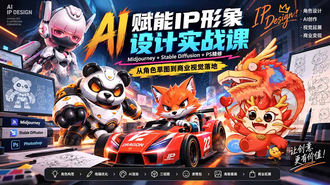 (20552期)AI赋能IP形象设计实战课-无水印:Midjourney+Stable Diffusion+PS精修,从角色草图到商业视觉落地-宇文网创
