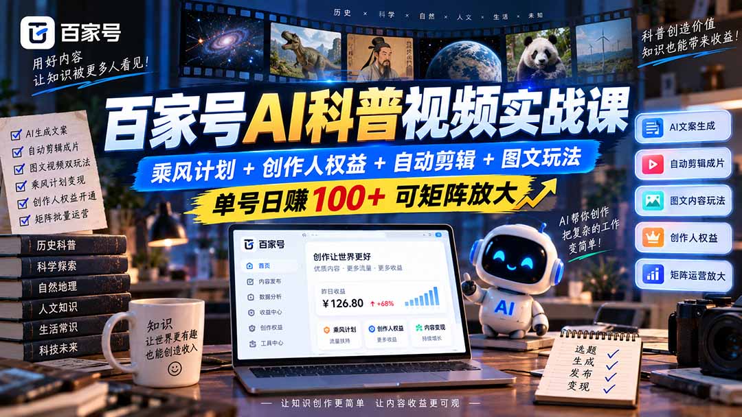 (20579期)百家号AI科普视频实战课:乘风计划+创作人权益+自动剪辑+图文玩法,单号日赚100+可矩阵放大-宇文网创