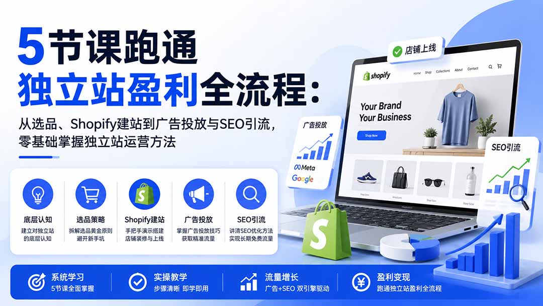 （20316期）5节课跑通独立站盈利全流程：从选品、Shopify建站到广告投放与SEO引流，零基础掌握独立站运营方法-宇文网创