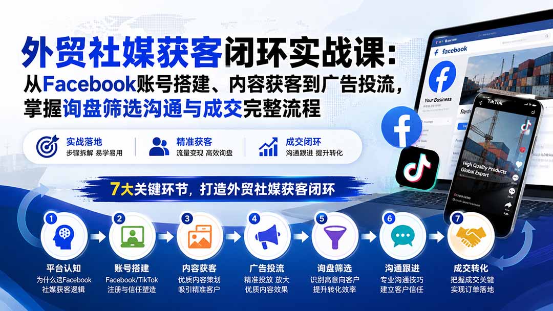 （20318期）外贸社媒获客闭环实战课：从Facebook账号搭建、内容获客到广告投流，掌握询盘筛选沟通与成交完整流程-宇文网创