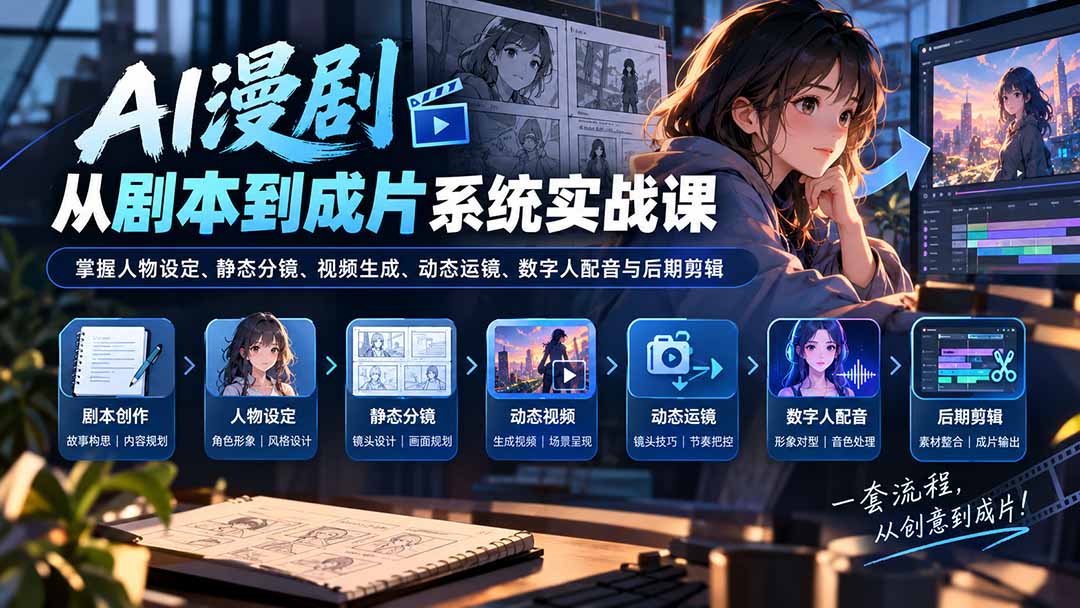 (20375期)AI漫剧从剧本到成片系统实战课:掌握人物设定、静态分镜、视频生成、动态运镜、数字人配音与后期剪辑-宇文网创