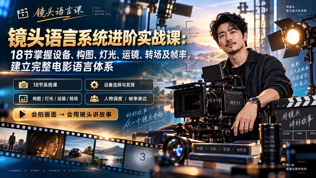 （20434期）镜头语言系统进阶实战课：18节掌握设备、构图、灯光、运镜、转场及帧率，建立完整电影语言体系-宇文网创
