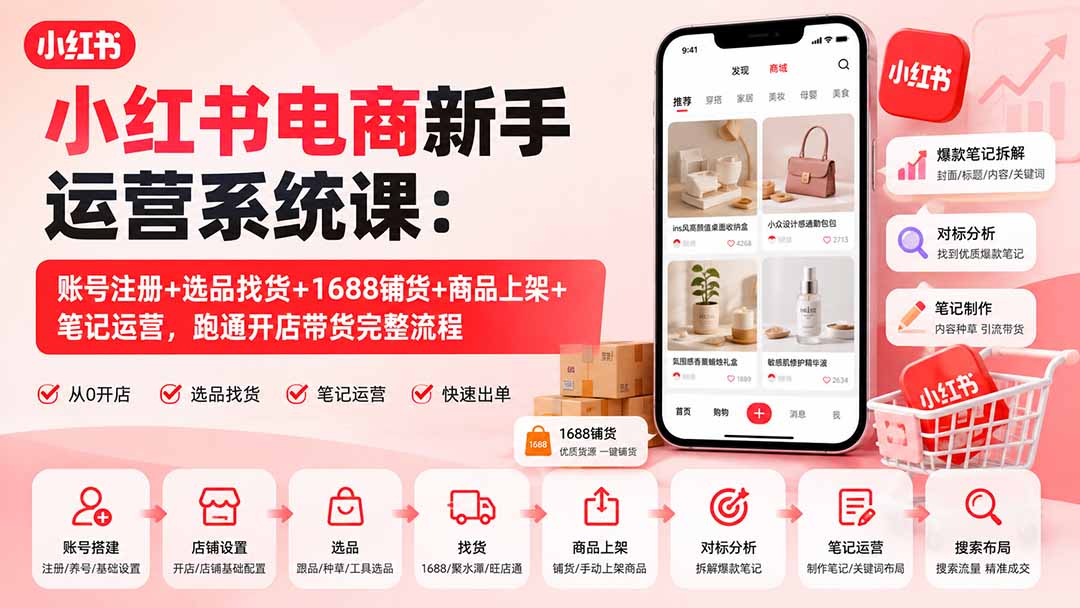 （20319期）小红书电商新手运营系统课：账号注册+选品找货+1688铺货+商品上架+笔记运营，跑通开店带货完整流程-宇文网创