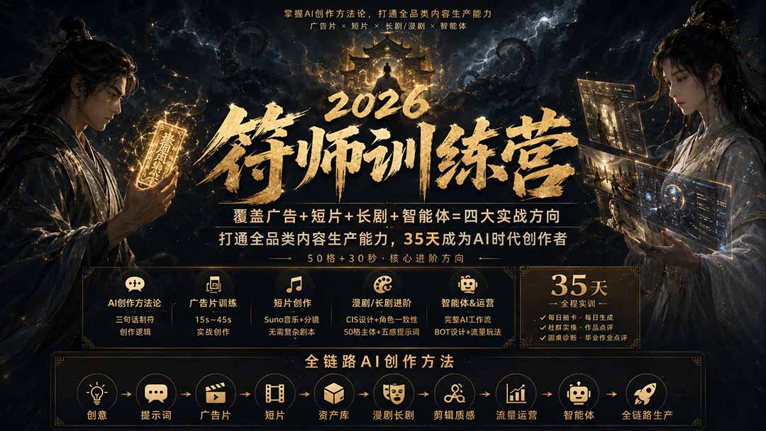 (20180期)符师训练营-35天成为AI时代创作者,广告+短片+漫剧+智能体四大实战方向,掌握从创意到上线的完整工作流-宇文网创