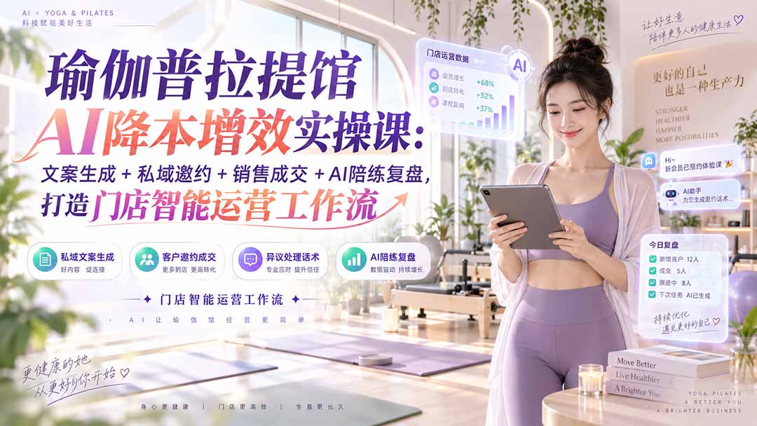 (20340期)瑜伽普拉提馆AI降本增效实操课:文案生成+私域邀约+销售成交+AI陪练复盘,打造门店智能运营工作流-宇文网创