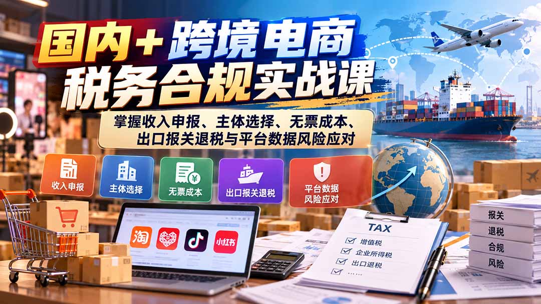 (20686期)国内+跨境电商税务合规实战课:掌握收入申报、主体选择、无票成本、出口报关退税与平台数据风险应对-宇文网创