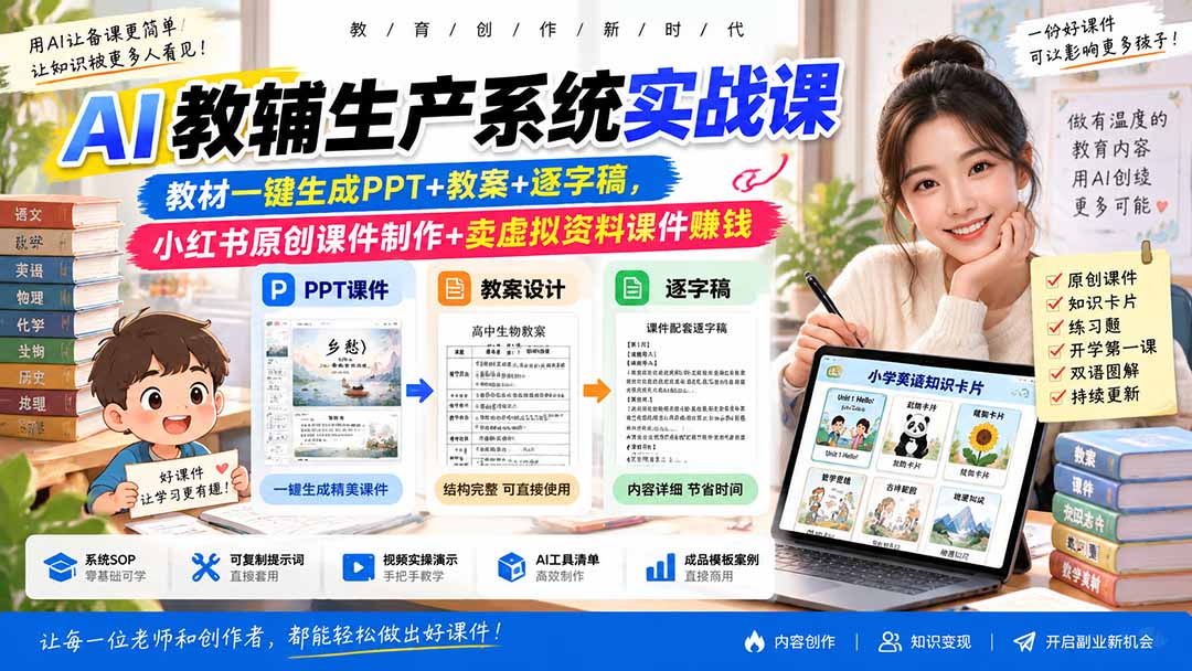 (20542期)AI教辅生产系统实战课|教材一键生成PPT+教案+逐字稿,小红书原创课件制作+卖虚拟资料课件赚钱-宇文网创