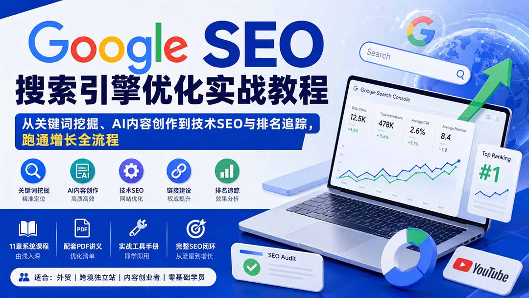 (20241期)Google SEO搜索引擎优化实战教程:从关键词挖掘、AI内容创作到技术SEO与排名追踪,跑通增长全流程-宇文网创