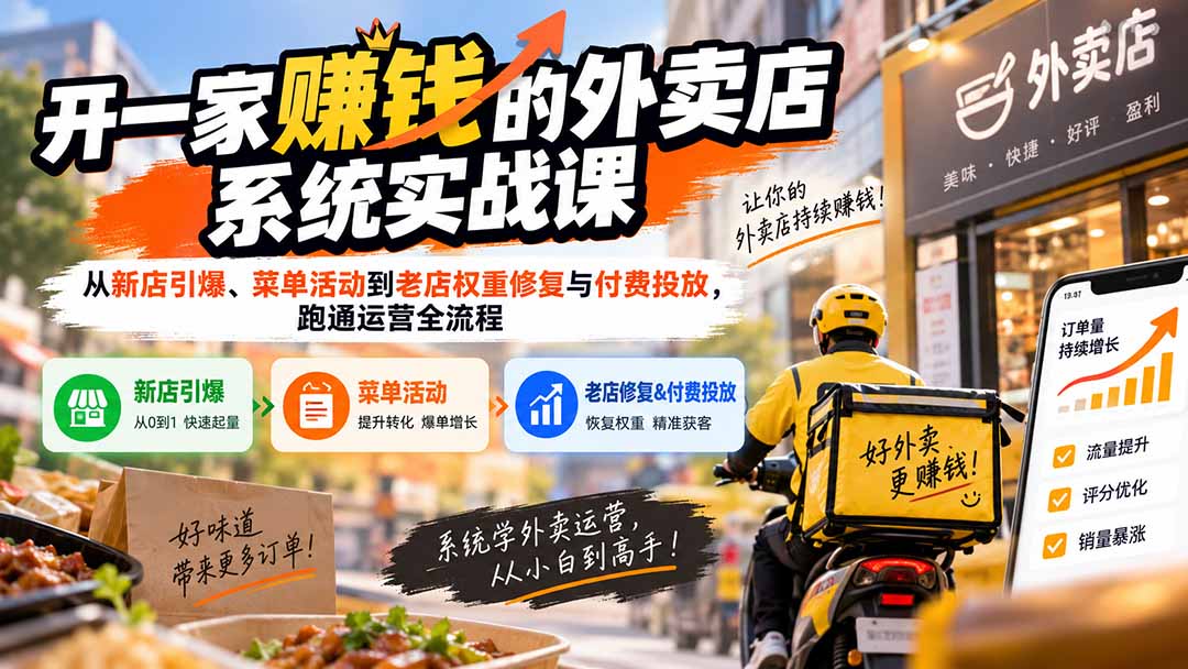 (20258期)开一家赚钱的外卖店系统实战课:从新店引爆、菜单活动到老店权重修复与付费投放,跑通运营全流程-宇文网创