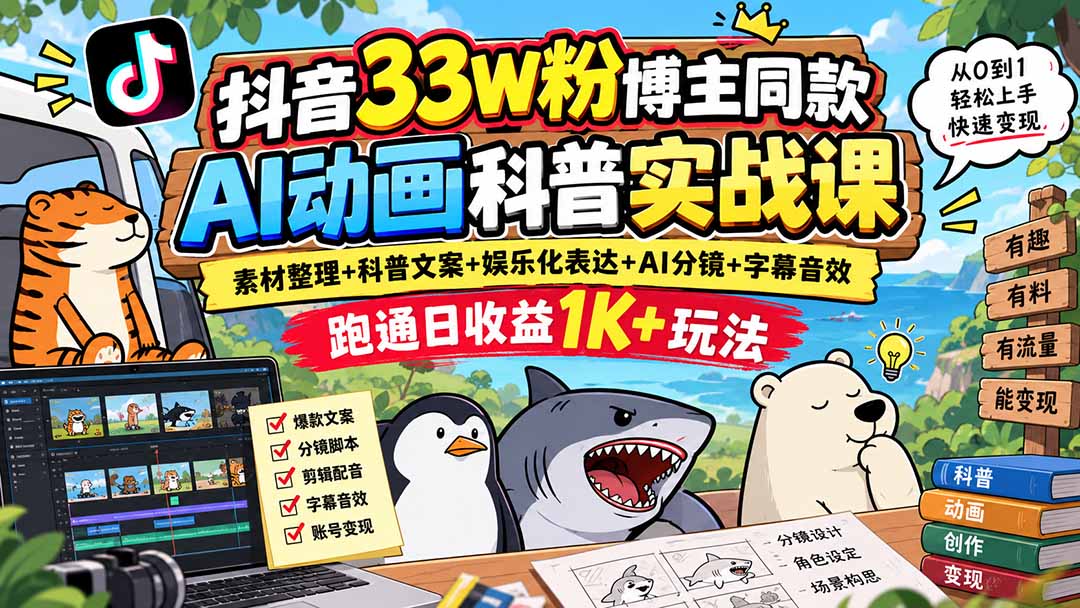 （20510期）抖音33W粉博主同款AI动画科普实战课｜素材整理+科普文案+娱乐化表达+AI分镜+字幕音效，跑通日收益1K+玩法-宇文网创